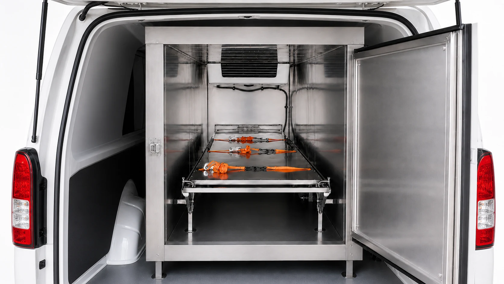 Purpose-built refrigerated transport conversion open beneath its lift-up rear hatch
