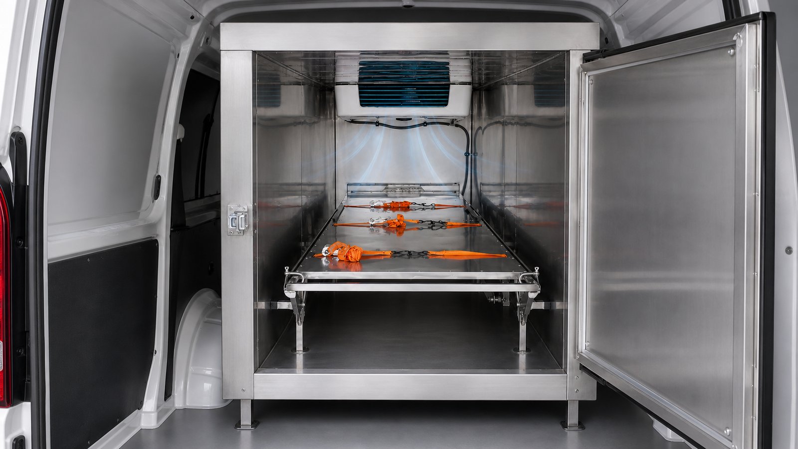Annotated view of the refrigerated compartment: evaporator cooling system, forced-air circulation, drainage pipe, non-porous stainless steel and secure transport platform